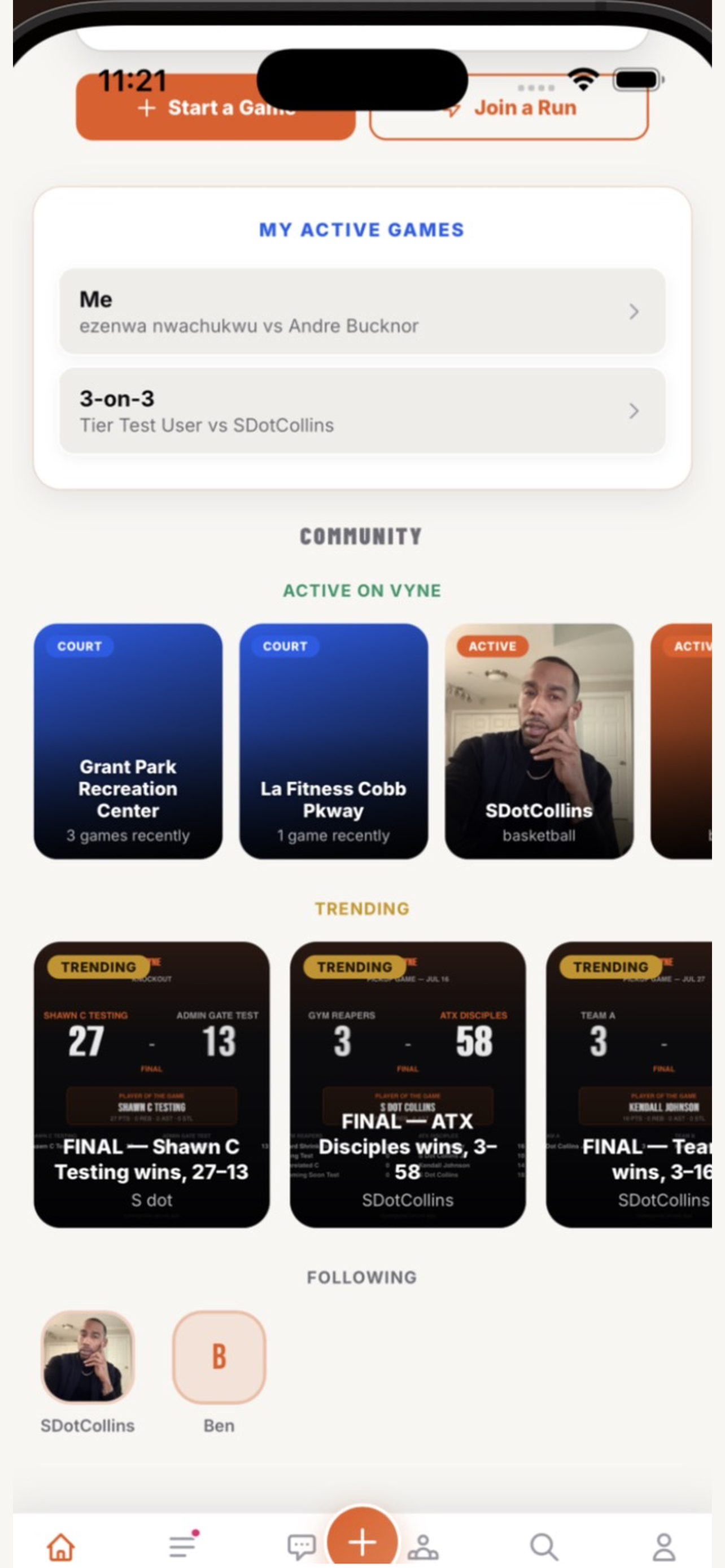 VYNE app home screen — real player card, active games, and daily tasks